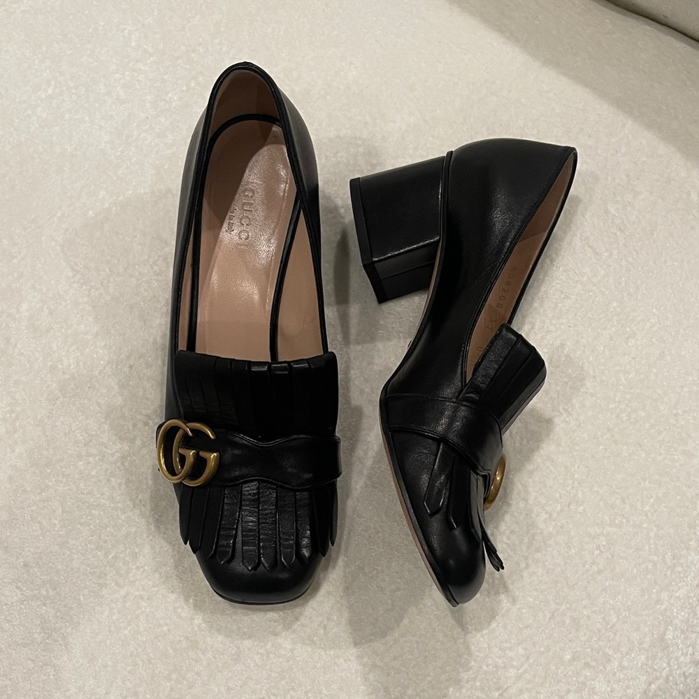Gucci Black Leather Fringe Marmont Loafer Mid-Heel Pump